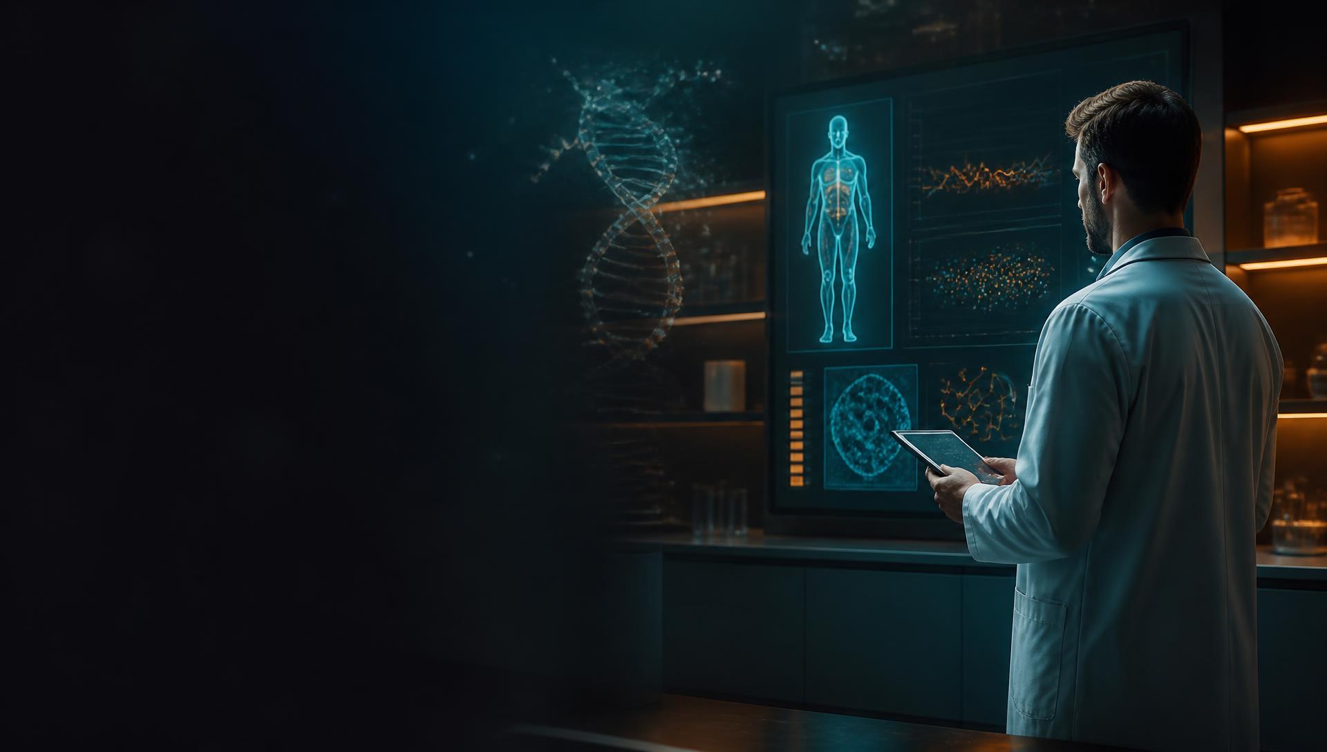 Médico em laboratório de precisão analisando biomarcadores e dados metabólicos